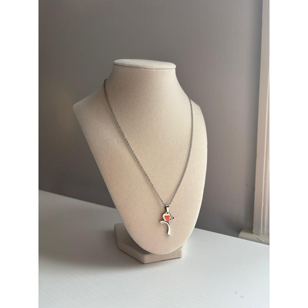 Cross Necklace Red Heart Pendant Silver Stainless Steel Minimal Jewelry - Picture 4 of 6